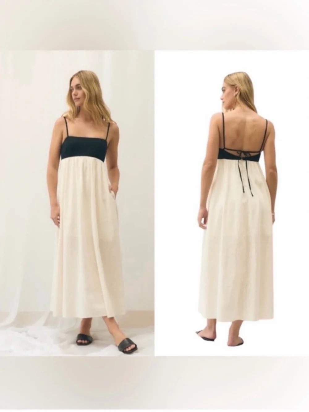 Abercrombie Fitch Tie Back Babydoll Empire Maxi Dress Black White Linen Blend M